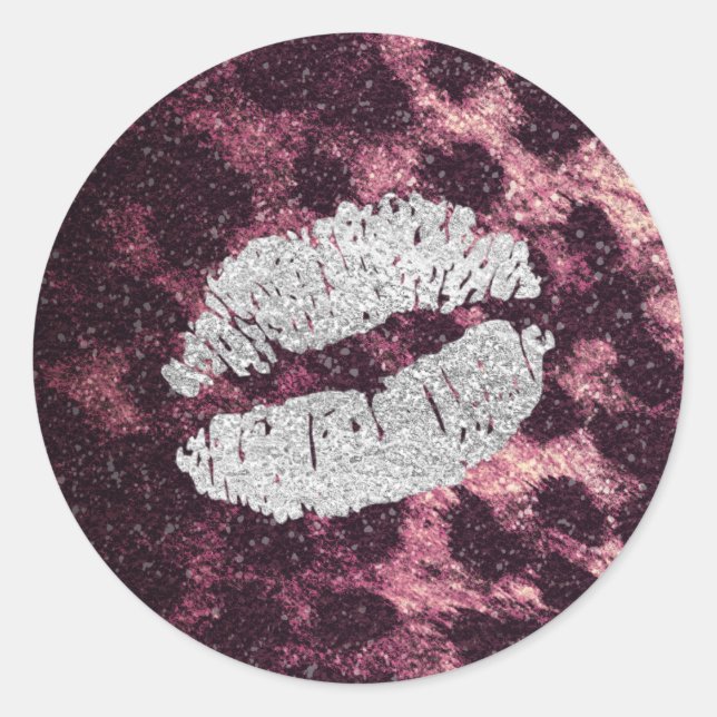 Silver Kiss Lips Glitzer Funkelnd Cheetah Leopard Runder Aufkleber (Vorderseite)