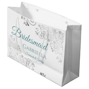 Silver Lace Aquamarin auf White Bridesmaid Wedding Große Geschenktüte