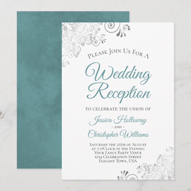 Silver Lace Aquamarin & White Elegante Wedding Emp Einladung (Vorne/Hinten)