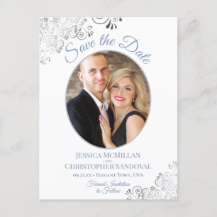 Silver Lace Blue White Wedding Save the Date Foto Ankündigungspostkarte