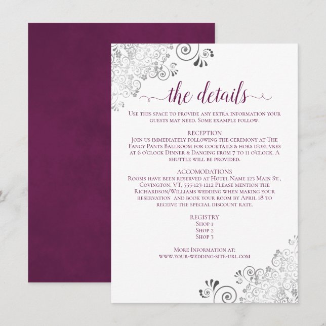 Silver Lace Cassis Lila auf White Wedding Details Begleitkarte (Vorne/Hinten)