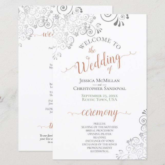 Silver Lace Coral am White Budget Wedding Program (Vorne/Hinten)