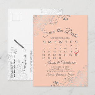 Silver Lace Coral Wedding Save the Date Calendar Ankündigungspostkarte