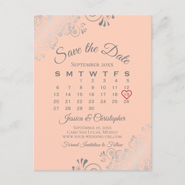 Silver Lace Coral Wedding Save the Date Calendar Ankündigungspostkarte (Vorderseite)