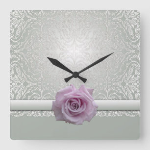 Silver Lace Damask Beauty Rosen lock Quadratische Wanduhr