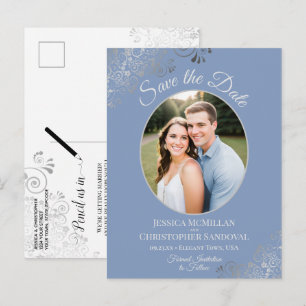 Silver Lace Dusty Blue Wedding Save the Date Foto Ankündigungspostkarte