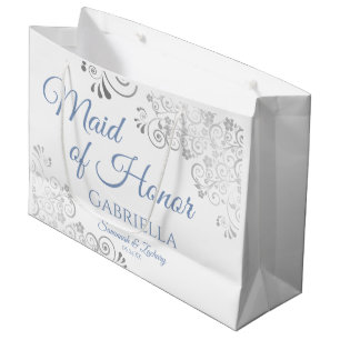 Silver Lace Dusty Blue White Trauzeugin Wedding Große Geschenktüte