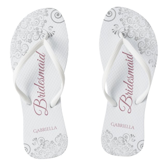 Silver Lace & Dusty Rose Script Bridesmaid Wedding Flip Flops (Fußbett)