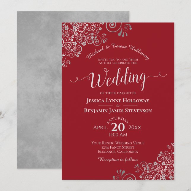 Silver Lace Elegant Crimson Red Formal Wedding Einladung (Vorne/Hinten)