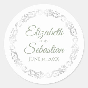 Silver Lace Elegant Sage Green auf White Wedding Runder Aufkleber