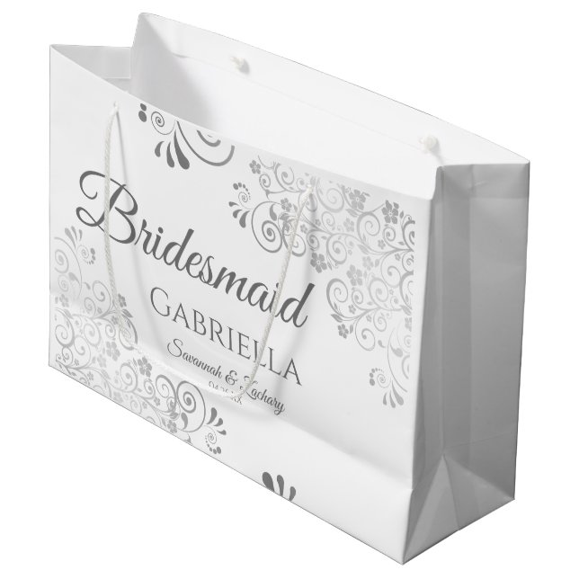 Silver Lace Elegant White Bridesmaid Wedding Große Geschenktüte (Vorderseite Schrägansicht)