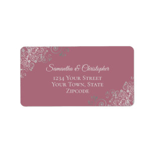 Silver Lace Frills on Dusty Rose Wedding Address Adressaufkleber