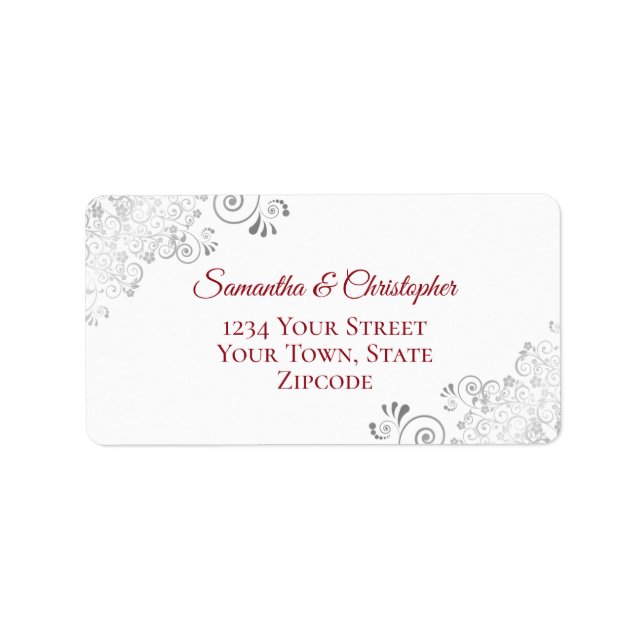 Silver Lace Frills Red auf White Wedding Address Adressaufkleber (Vorne)