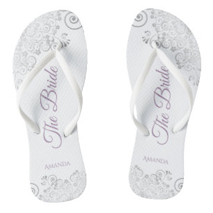 Silver Lace & Lavender Script The Bride Wedding Flip Flops