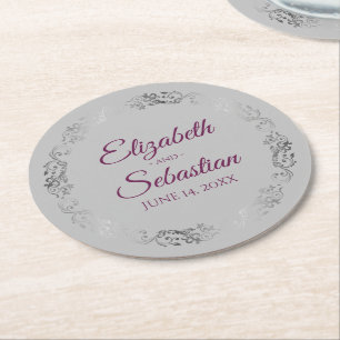 Silver Lace Magenta auf Gray Elegante Hochzeit Runder Pappuntersetzer
