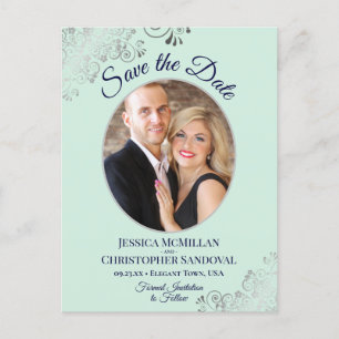 Silver Lace Mint Navy Wedding Save the Date Foto Ankündigungspostkarte