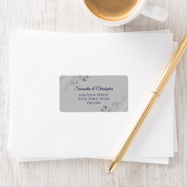 Silver Lace Navy Blue auf Gray Wedding Address Adressaufkleber (Insitu)