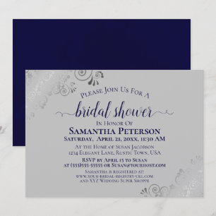 Silver Lace Navy Blue & Gray Elegantes Brautparty Einladung