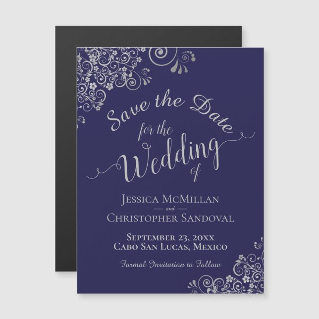 Silver Lace Navy Blue Wedding Save the Date Magnet (Vorne/Hinten)