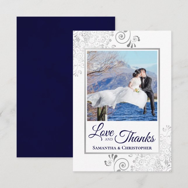 Silver Lace Navy sur White Love & Merci Mariage (Devant / Derrière)