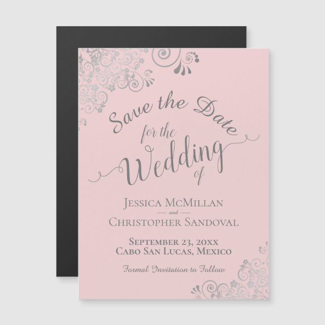 Silver Lace on Blush Pink Save the Date Magnet (Vorne/Hinten)