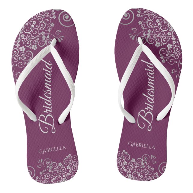 Silver Lace on Cassis Lila Bridesmaid Wedding Flip Flops (Fußbett)