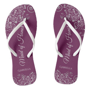 Silver Lace on Cassis Lila Trauzeugin Hochzeit Flip Flops