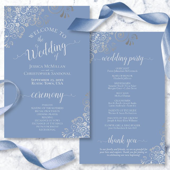 Silver Lace on Dusty Blue Budget Wedding Program (Von Creator hochgeladen)