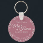 Silver Lace on Dusty Rose Trauzeugin Wedding Schlüsselanhänger<br><div class="desc">Diese wunderschönen Schlüsselanhänger sind so konzipiert, dass sie als Geschenk oder Gastgeschenk Hochzeit an Ihre Trauzeugin gegeben werden. Das elegante Design besticht durch eine kalt silbergraue Imitat-Folie mit hellgrauem Text auf einer staubigen Rose oder einem lila rosa Hintergrund. Es gibt Platz für ihren Namen, das Hochzeitsdatum und die Namen des...</div>