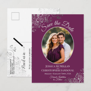 Silver Lace on Magenta Wedding Save the Date Foto Ankündigungspostkarte