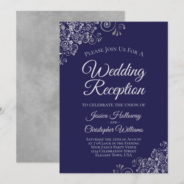 Silver Lace on Navy Blue Elegant Wedding Empfang Einladung (Vorne/Hinten)