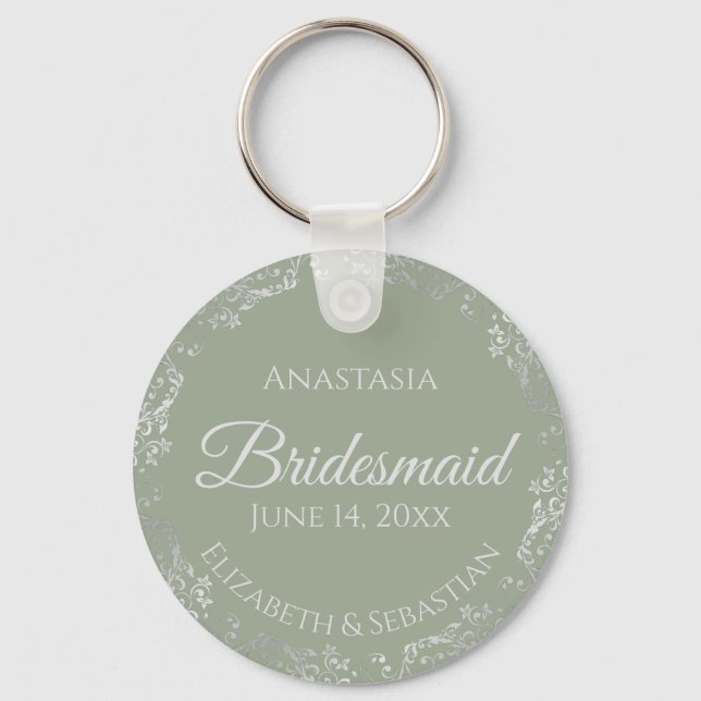 Silver Lace on Sage Green Bridesmaid Wedding Schlüsselanhänger (Vorderseite)