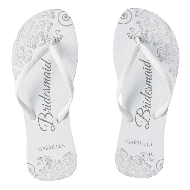 Silver Lace on White Elegante Bridesmaid Wedding Flip Flops (Fußbett)