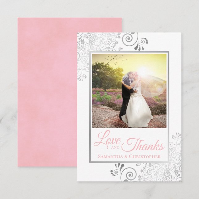Silver Lace Pink auf Weiß Liebe & Dank Hochzeit Dankeskarte (Vorne/Hinten)