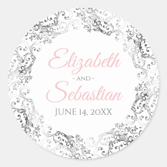 Silver Lace & Pink Script Elegant White Wedding Runder Aufkleber (Vorderseite)
