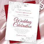 Silver Lace Red on White BUDGET Wedding Invitation<br><div class="desc">These affordable, budget friendly wedding invitations are the perfect choice for class, style, and beauty on a budget. The design features crimson red and gray text on a classic white background with ornate silver gray curls and swirls in the corners. The typography includes fancy script lettering for a style that...</div>