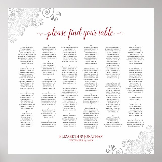 Silver Lace Red Script Alphabetification Seekarte Poster (Vorne)