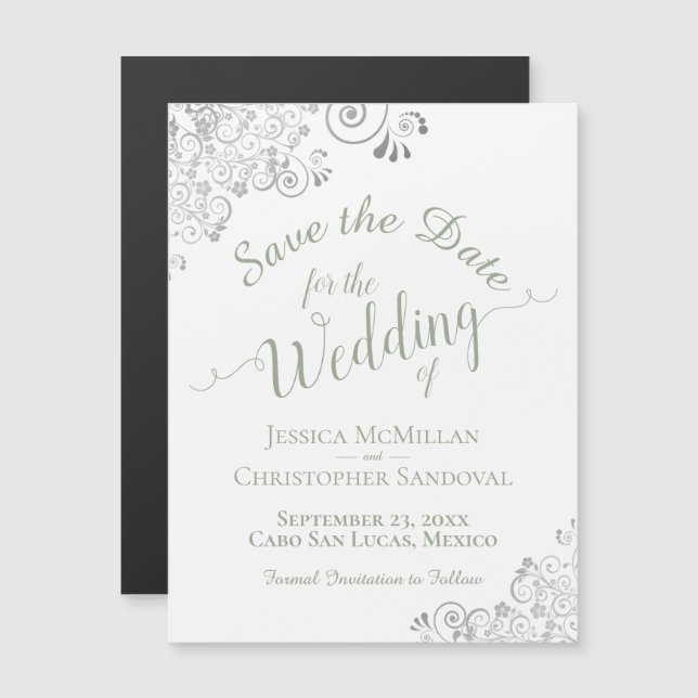 Silver Lace Sage Green Save the Date White Magnet (Vorne/Hinten)
