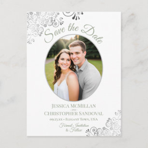 Silver Lace Sage White Wedding Save the Date Foto Ankündigungspostkarte