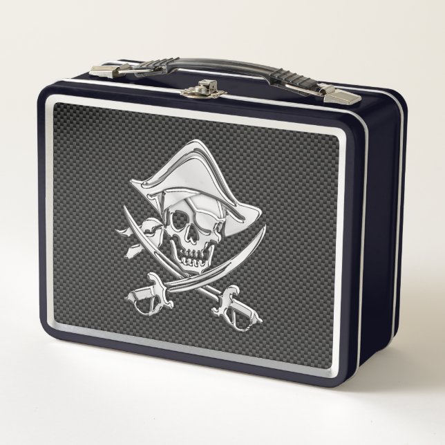 Silver Lächeln Pirate auf Carbon Fibre Style Metall Brotdose (Vorderseite)