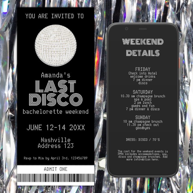 Silver Last Disco Bachelorette Wochenende Ticket Einladung (last disco silver bachelorette party invitation ticket weekend itinerary)