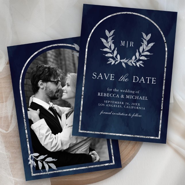 Silver Laurel Wreath Blätter Navy Blue Wedding Save The Date (Von Creator hochgeladen)