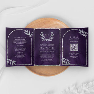 Silver Laurel Wreath Verlasst Royal Lila Wedding Dreifach Gefaltete Einladung