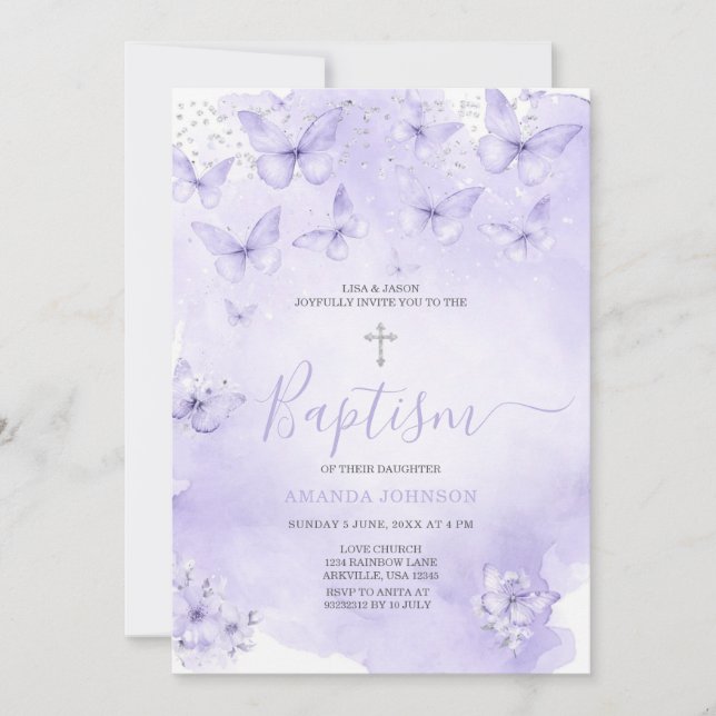 Silver Lavender Butterfly Baptism Purple Einladung (Vorderseite)