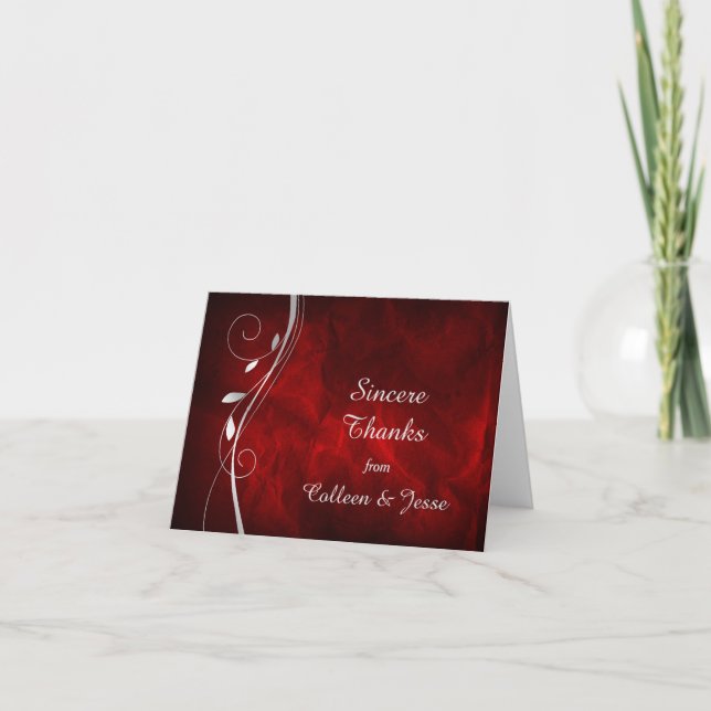 Silver Leaf Deep Red Wedding Dankeschön Card Dankeskarte (Vorderseite)