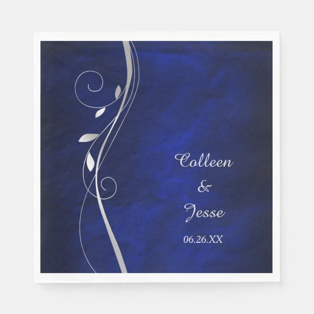 Silver Leaf Swirl Blue Wedding Napkins Serviette (Vorderseite)