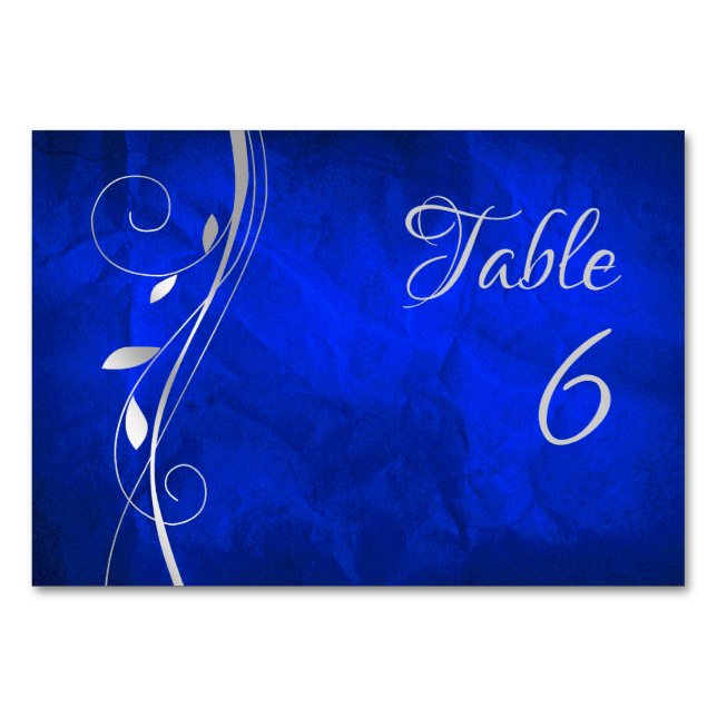 Silver Leaf Swirl Bright Blue Wedding Tischnummer (Vorderseite)