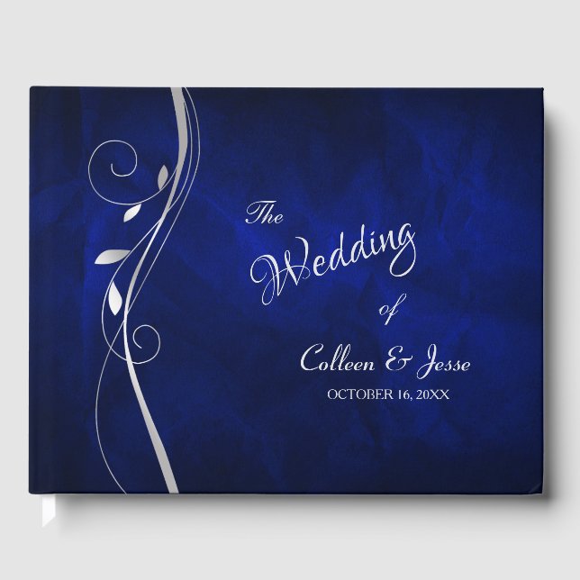 Silver Leaf Swirl Deep Blue Wedding Gästebuch (Vorderseite)