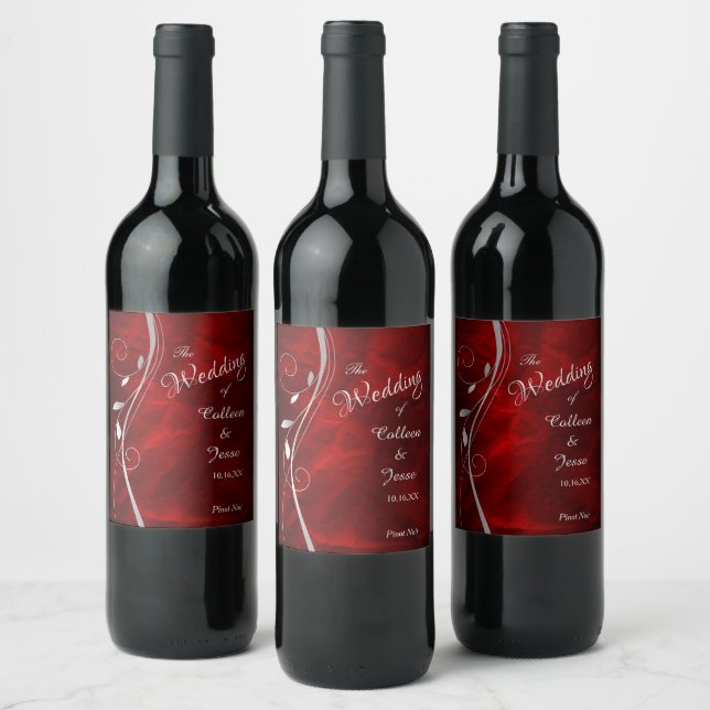 Silver Leaf Swirl Red Wedding Wine Label Weinetikett (Flaschen)