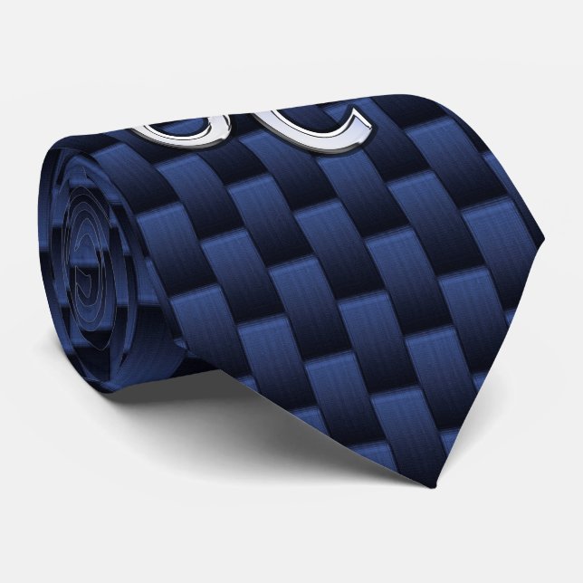 Silver Leo Symbol auf Navy Blue Carbon Fibre Print Krawatte (Gerollt)